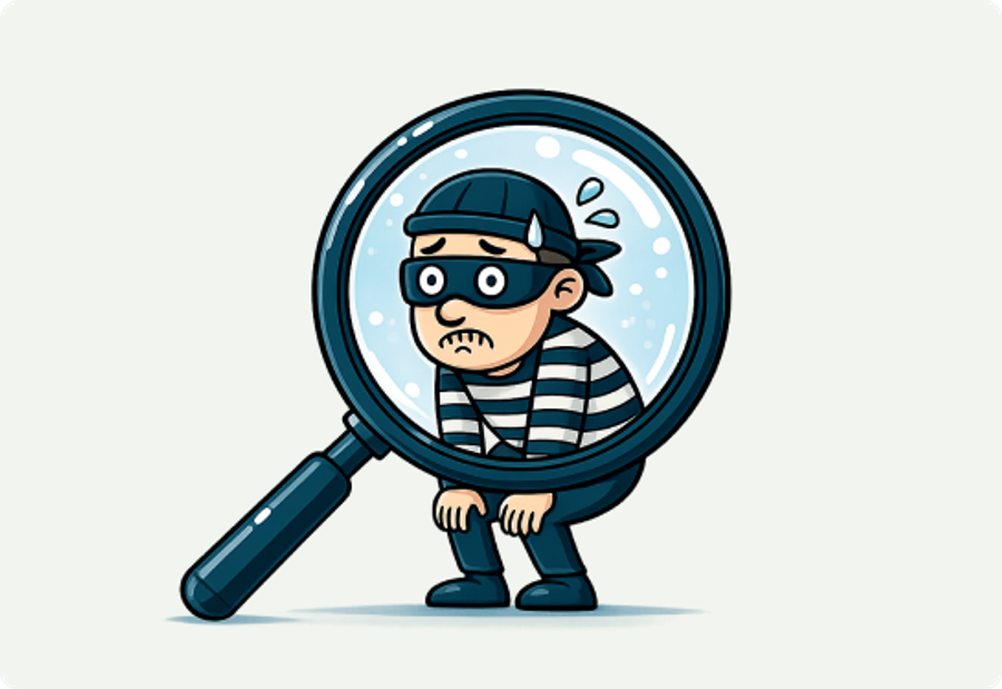 A burglar looks sad. This represents how Zerati protects its clients from, for example, ransomware attacks.