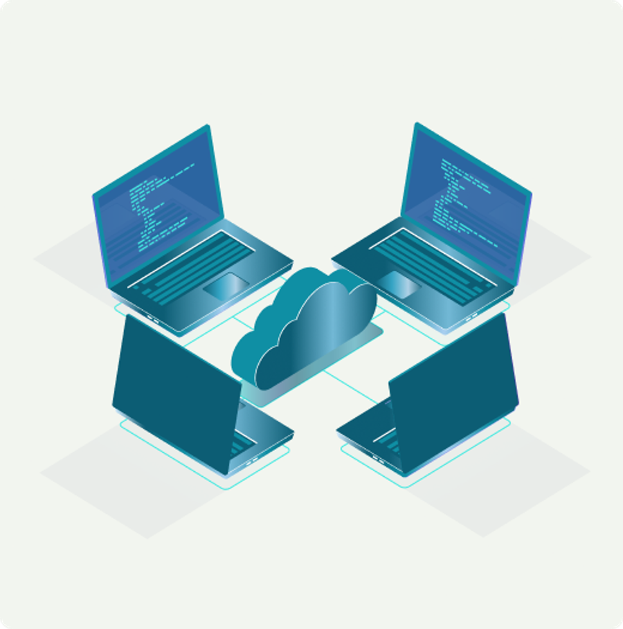 Illustration of laptops connected via a cloud.